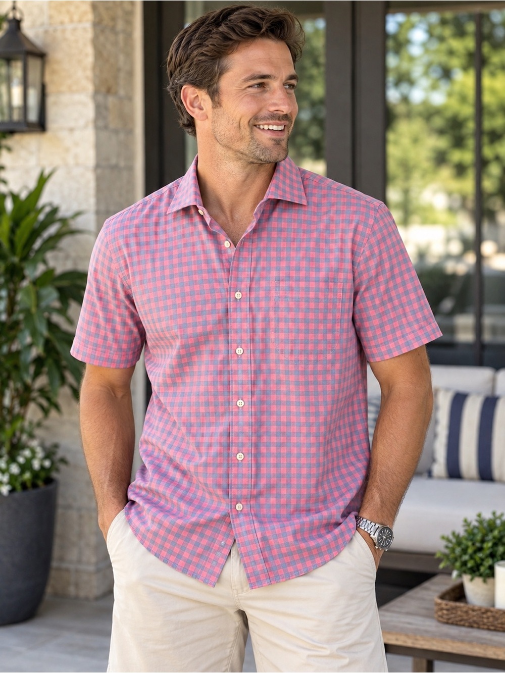 Peter Millar Pink and Gray Gingham Short-Sleeve Button-Down